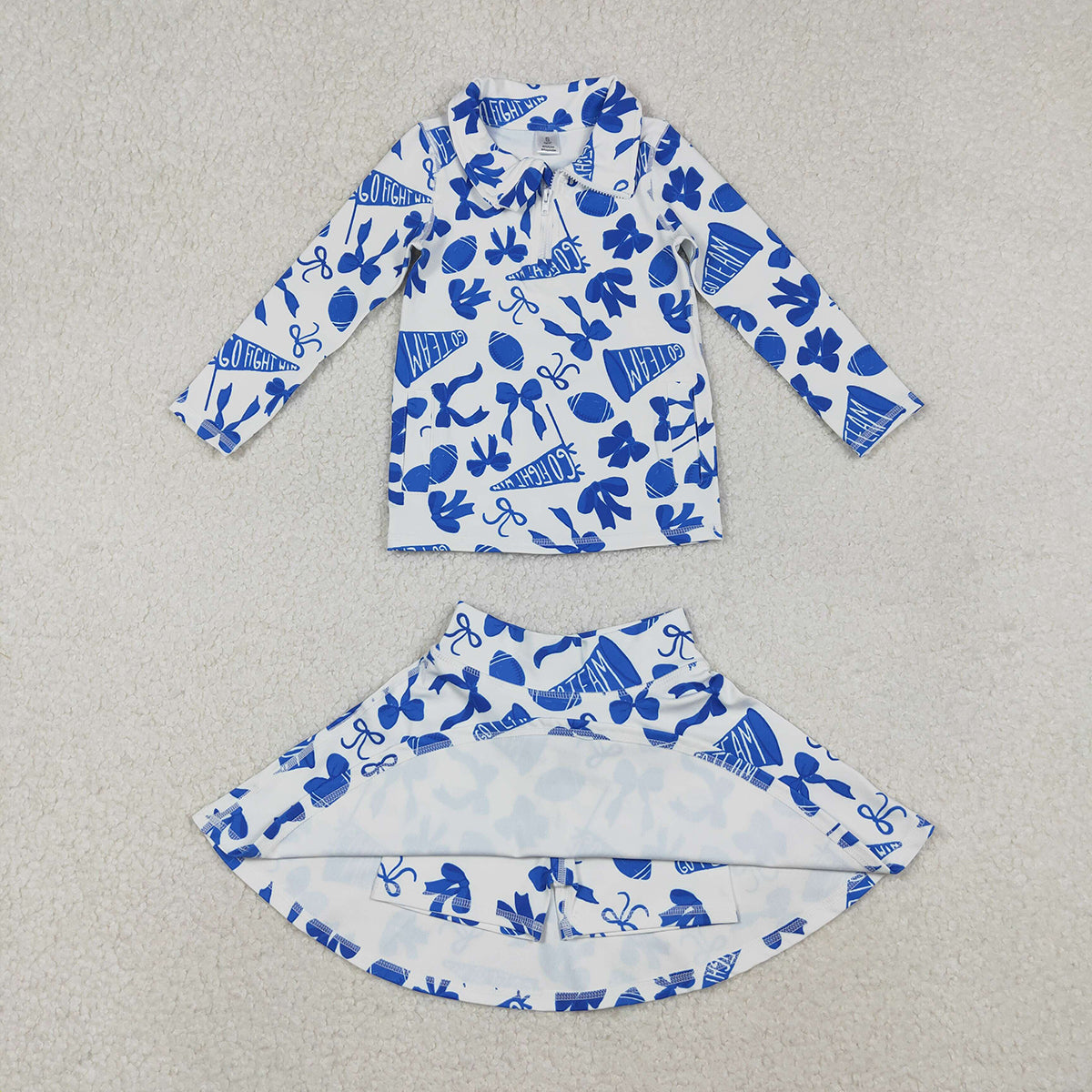 10.27 RTS NO MOQ （In stock）GT1195 Baby Girls Long Sleeve Tops Baby Girls Blue Bows Footballs Go Team Yoga Active Zipper Pullovers Top