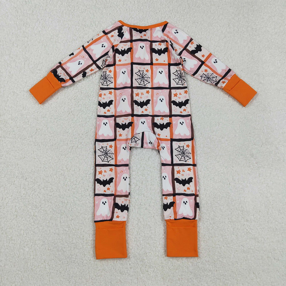 RTS NO MOQ （In stock）LR2539 Baby Boys Winter Rompers Ghosts Bats Halloween Zippered Footie Rompers for Infants Comfortable Spooky Costume Onesie