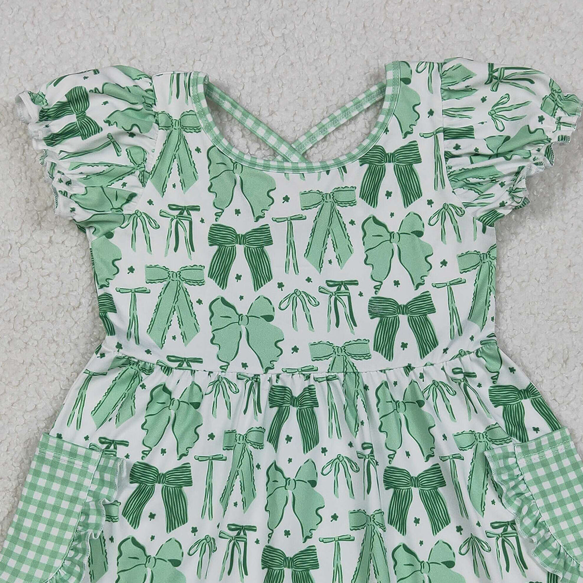 12.5 RTS NO MOQ （In stock）GSD2903 Baby Girls Green Clovers Bows St Patrick Pockets Knee Length Dresses