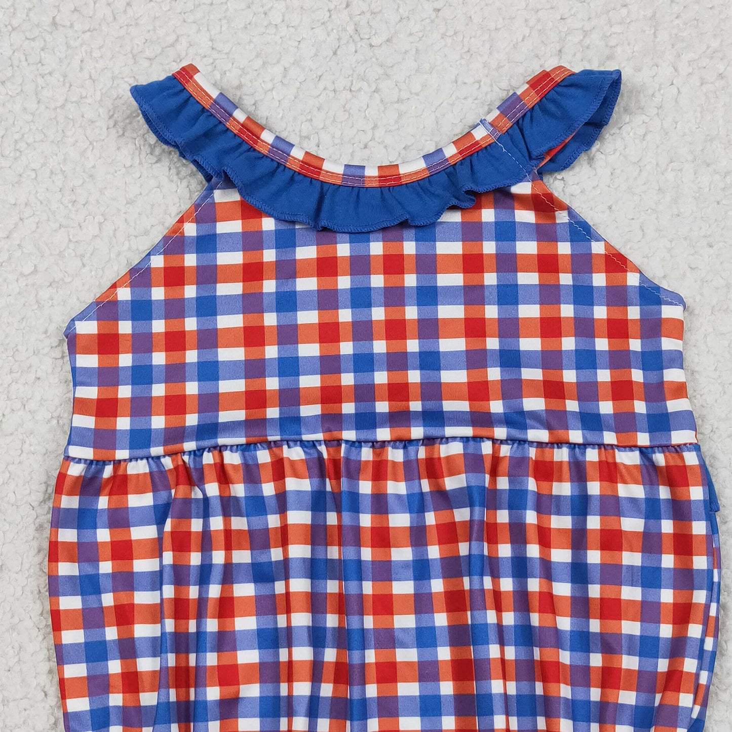 SR3835 RTS NO MOQ （In stock）Blue ruffle farm embroidery plaid baby girl romper