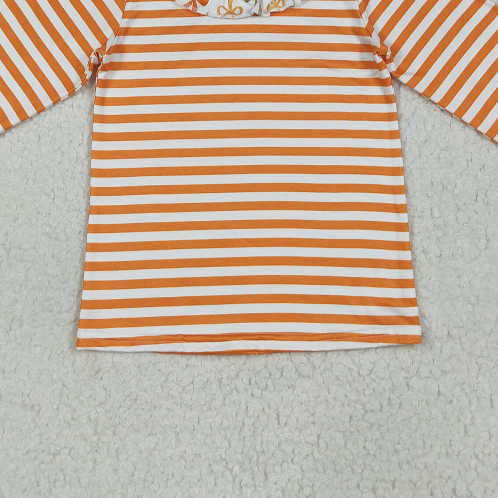RTS NO MOQ （In stock）GT1074 Baby Girls Long Sleeve Tops Baby Girls Long Ruffle Sleeves Orange Stripes Tee Shirts Tops