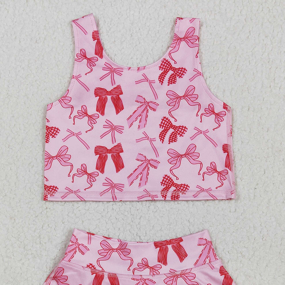 RTS NO MOQ （In stock）GSD2459 Baby Girls Yoga Outfits Baby Girls Sleeveless Pink Bows Top Skorts Yoga Sets