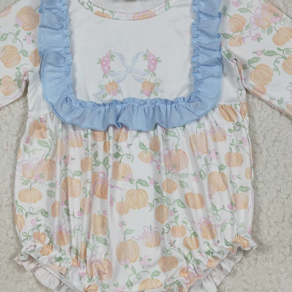RTS NO MOQ （In stock） LR2256 Baby Girls Winter Rompers Baby Girls Long Sleeves Pumpkins Bows Plaid Ruffle Rompers