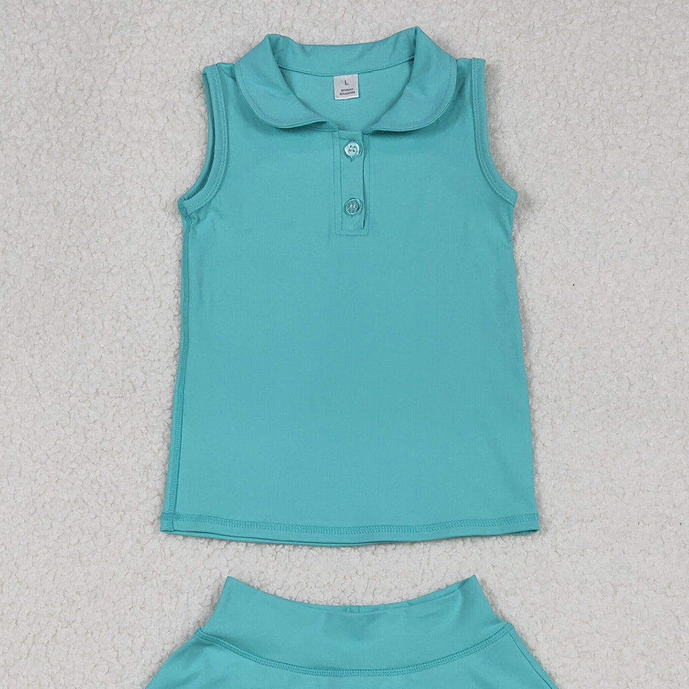 RTS NO MOQ （In stock）GSD2349 Baby Girls Yoga Outfits Aqua Sleeveless Button Top Skirt Yoga Sets