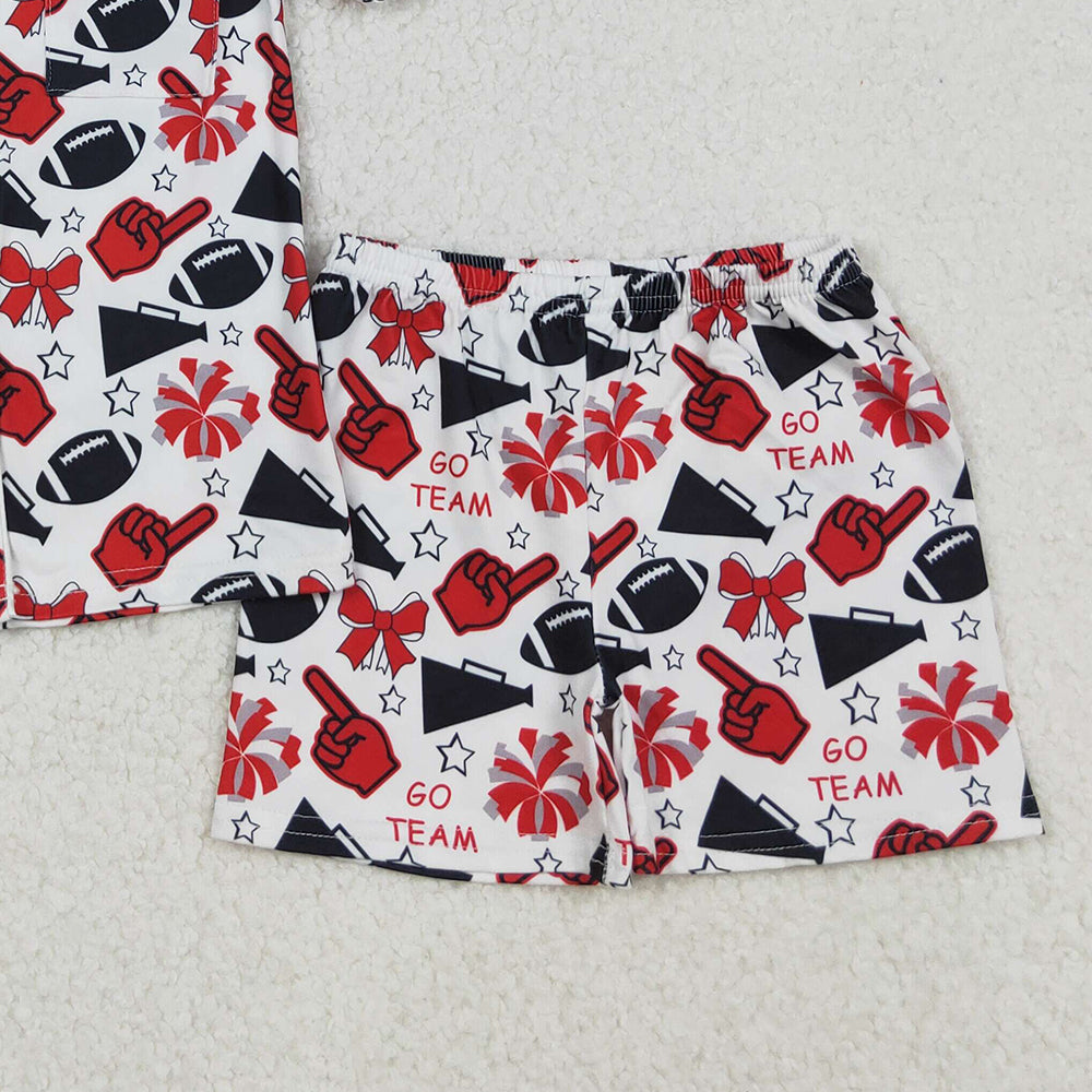 RTS NO MOQ （In stock）GSSO2674  Baby Girls Winter Outfits Team Black Stars Football Button Top Shorts Pajamas Sets