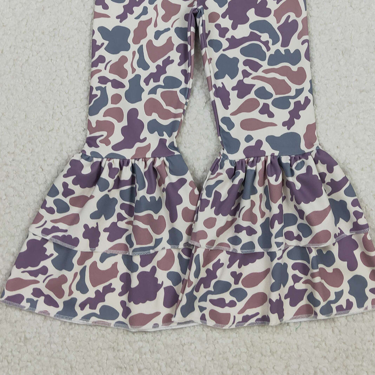 12.3 RTS NO MOQ （In stock）P0891 Baby Girls Lavender Camo Yoga Active Ruffle Bell Bottom Pants