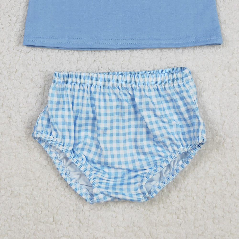 RTS NO MOQ （In stock）GBO0470 Baby Girls Summer Outfits Embroidery Dog Baby Boys Blue Shirts Top Bummies Clothes Sets