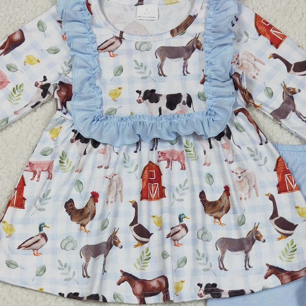 RTS NO MOQ （In stock） GLP2536 Baby Girls Winter Outfits Baby Girls Long Ruffle Sleeves House Chicks Tunic Pant Farm Sets