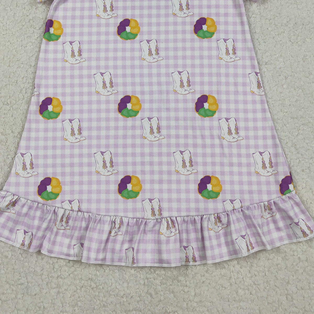12.10 RTS NO MOQ （In stock）GSD2900 Baby Girls Mardigras Boots Donuts Checked Ruffle Knee Length Dresses