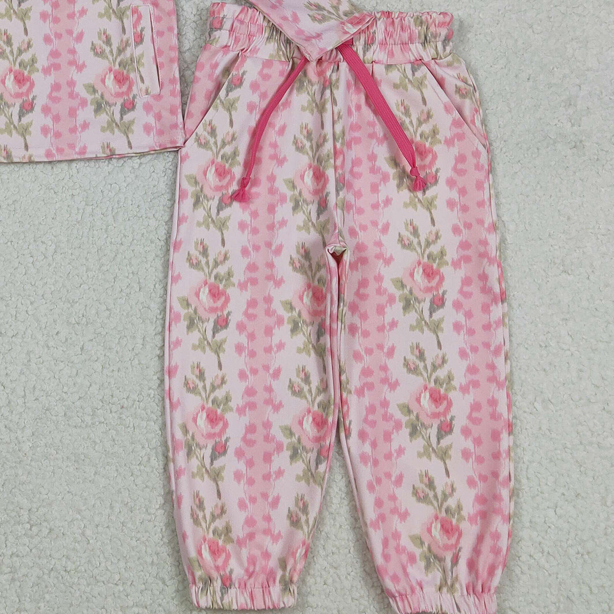 12.8 RTS NO MOQ （In stock）GLP2940 Baby Girls Pink Flowers Stripe Pockets Zipper Pullovers Jogger Yoga Active Clothes Set