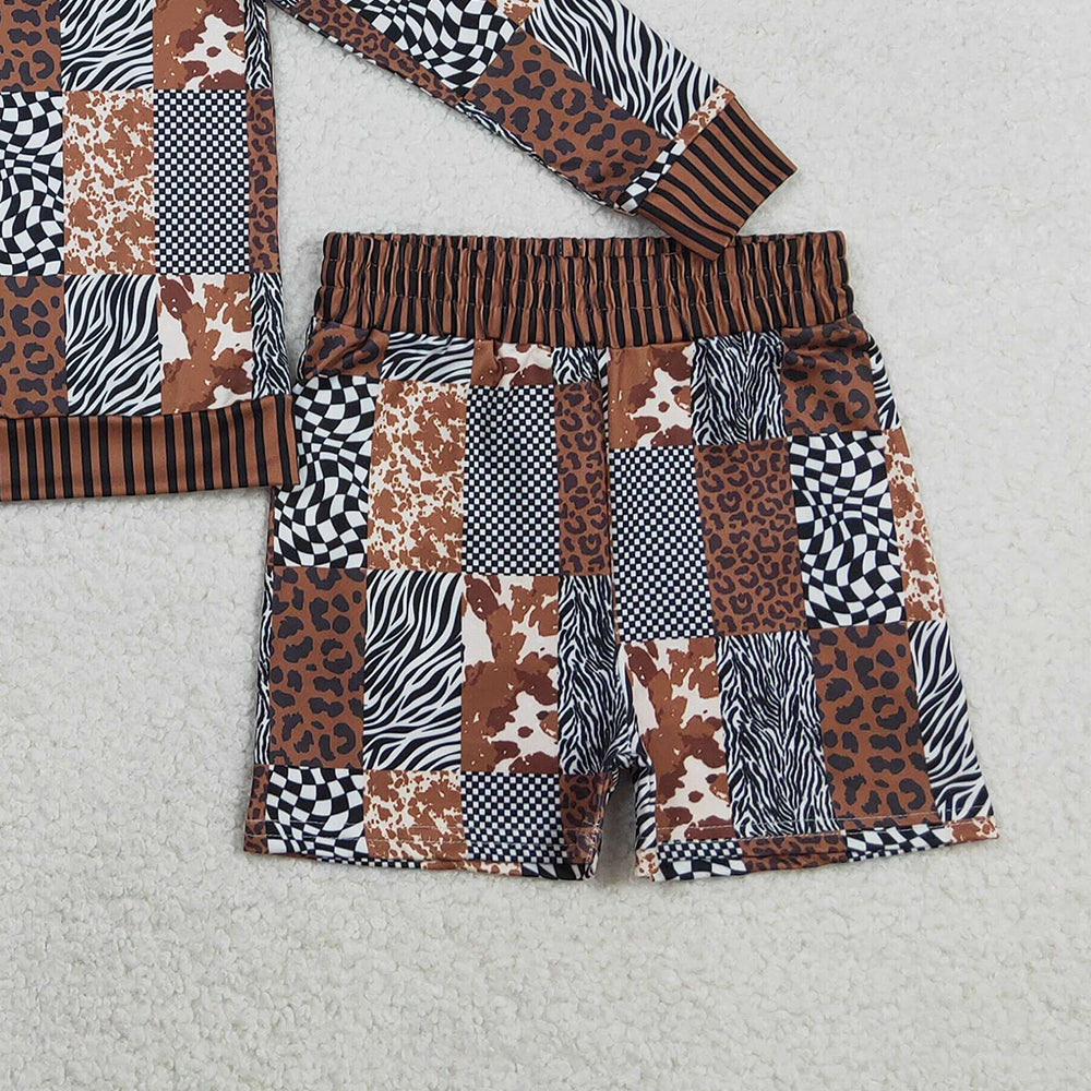 1.28 RTS NO MOQ （In stock）GLS0079 Baby Girls Leopard Cow Print Checked Top Shorts Western Clothes Sets