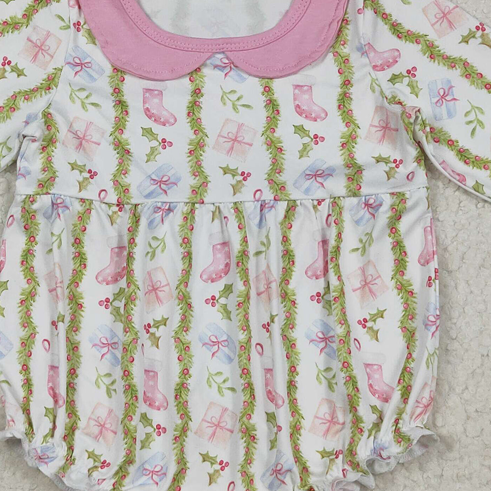 RTS NO MOQ （In stock）LR2324 Baby Girls Winter Rompers Baby Girls Christmas Gifts Floral Stripe Ruffle Rompers