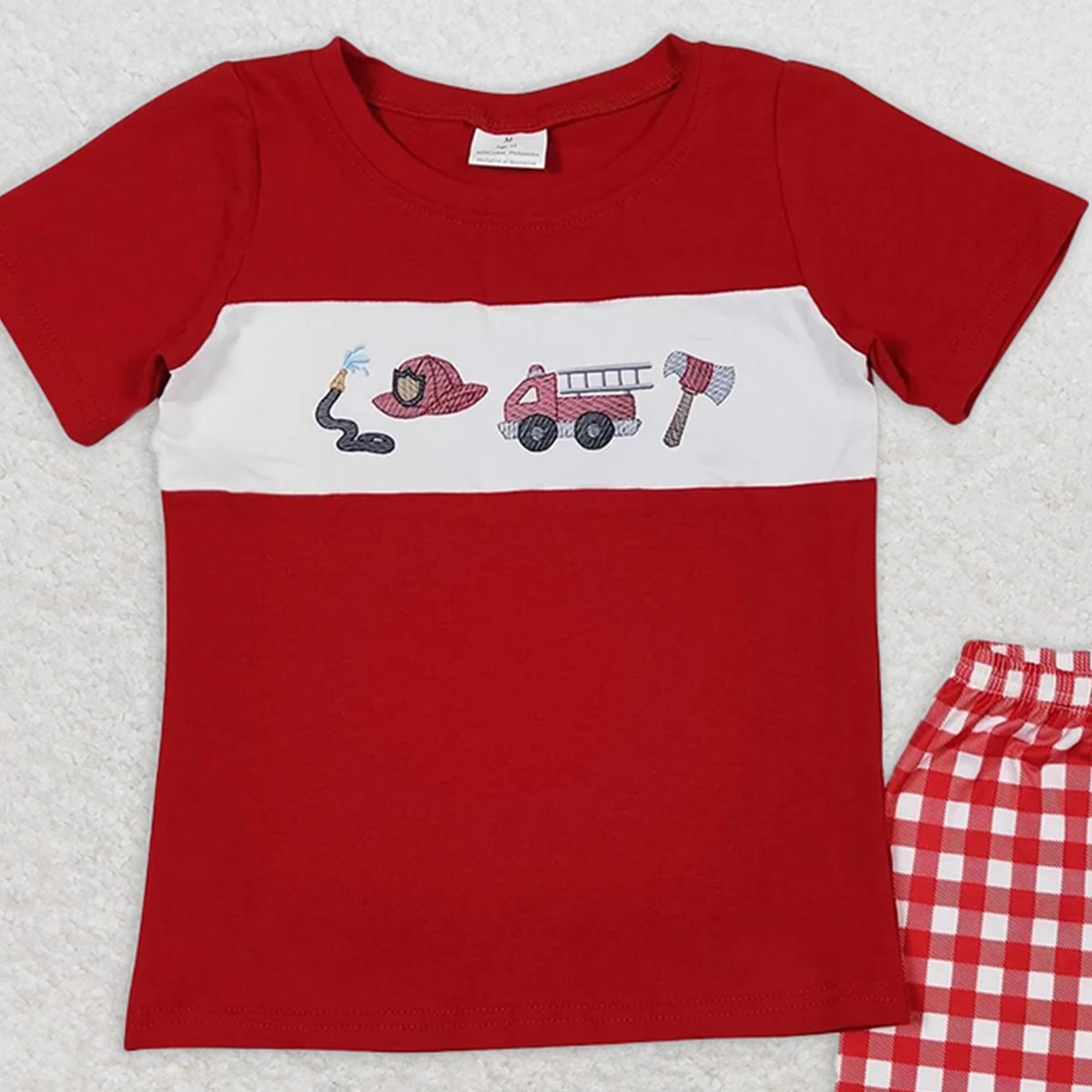 BSSO0666 RTS NO MOQ Baby Boys Summer Boys Outfits Baby Boys Fire Truck Red Shirt Shorts Outfits Clothes Sets