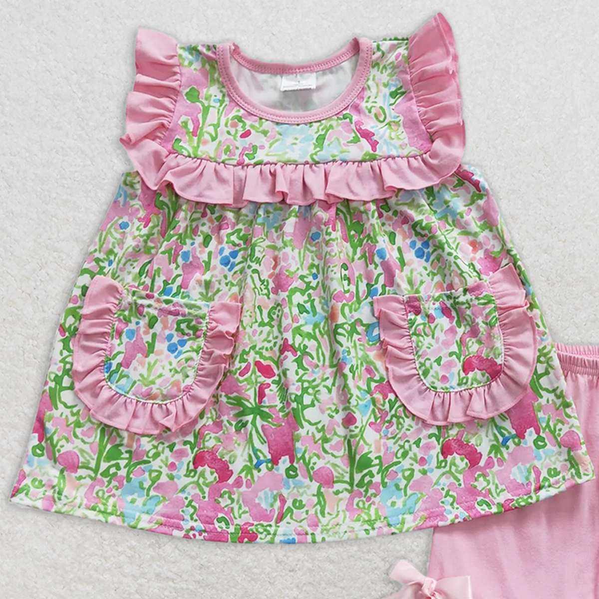 7.18   GSSO0338 RTS NO MOQ Baby Girls Summer Outfits Floral Pink Lace Pocket Sleeveless Shorts Set
