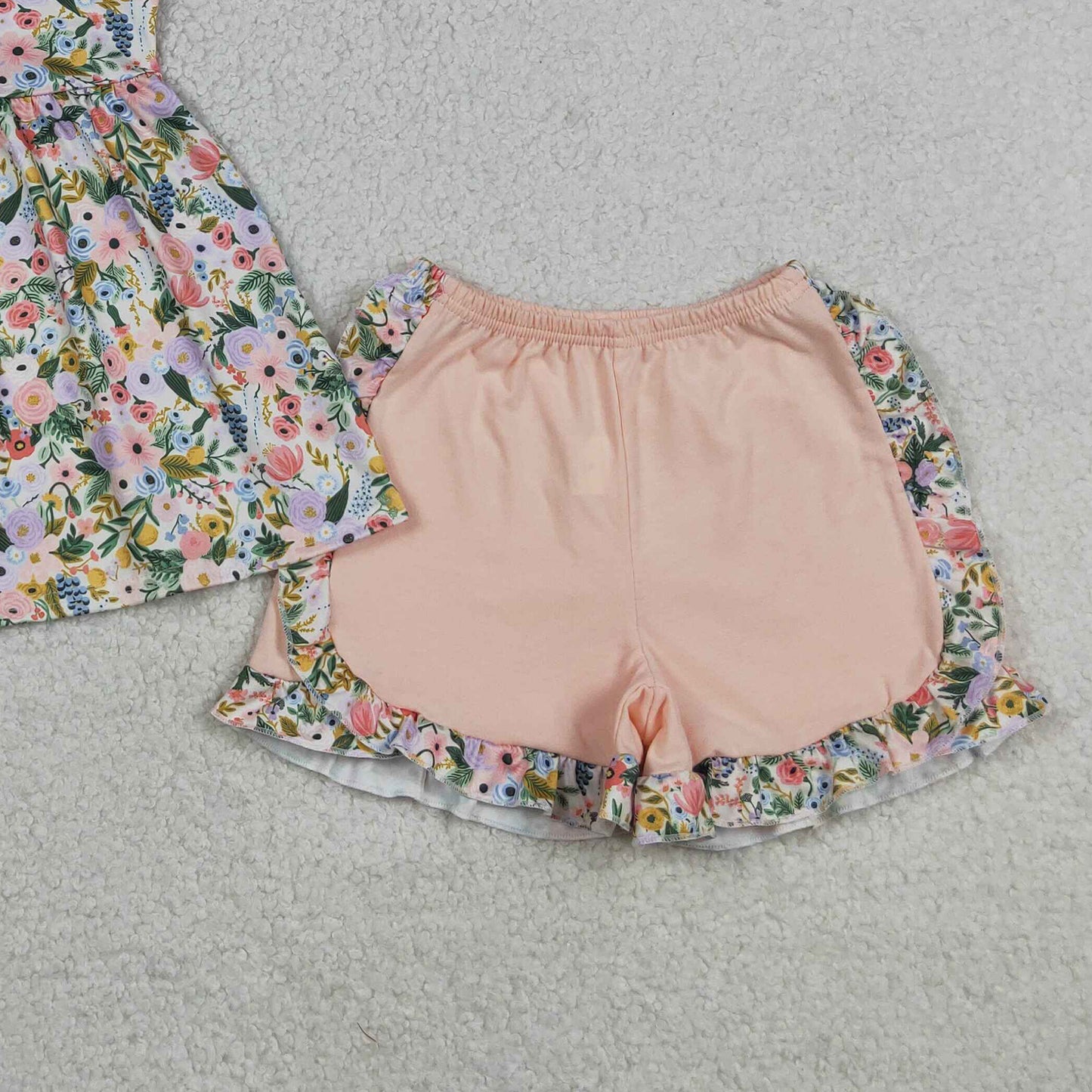 GSSO2180 RTS NO MOQ （In stock ）Flutter sleeves floral tunic ruffle shorts girls clothing