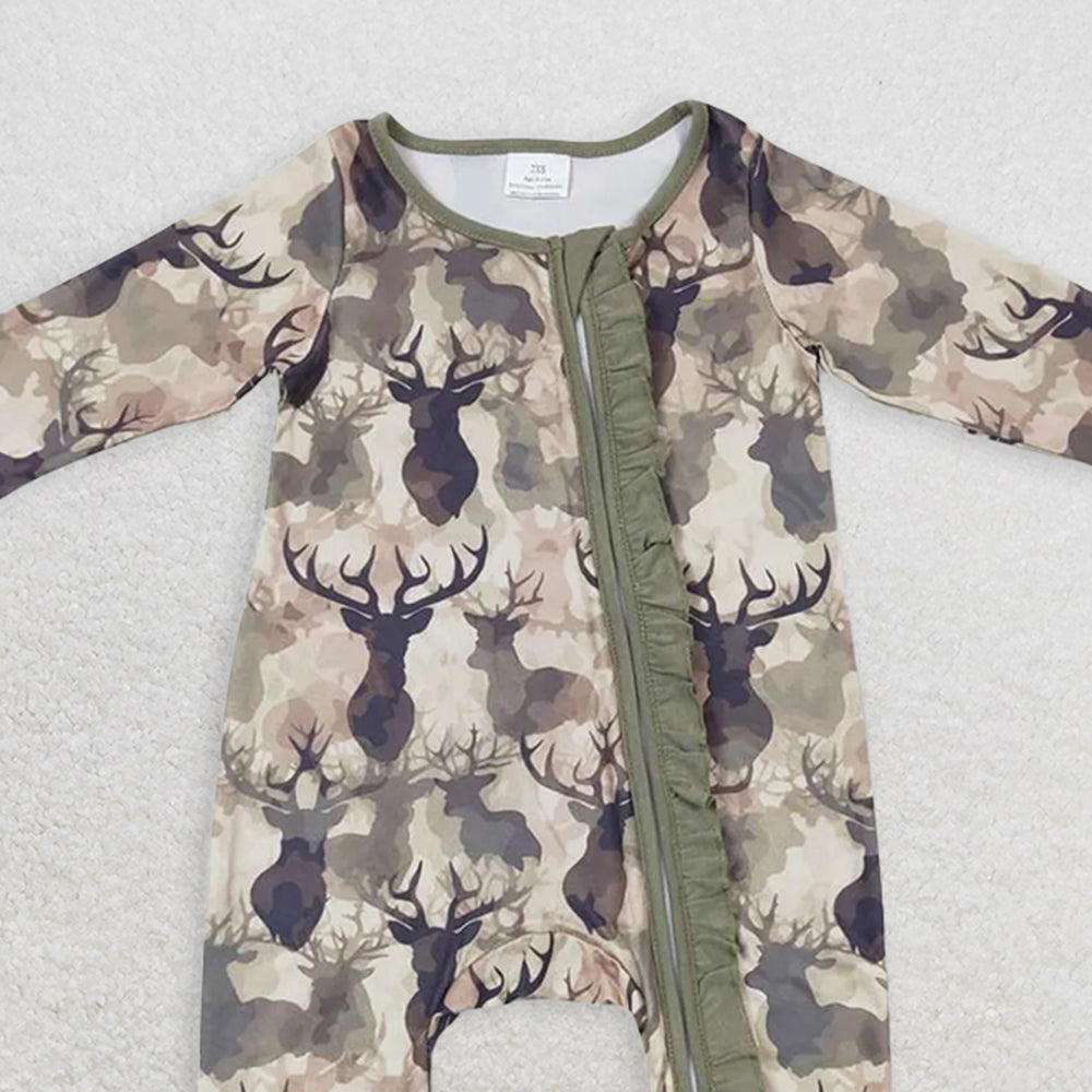 USA Shop (in stock)LR0661RTS NO MOQ Baby girls Winter Rompers Deer camo long sleeves ruffle baby girls zipper romper