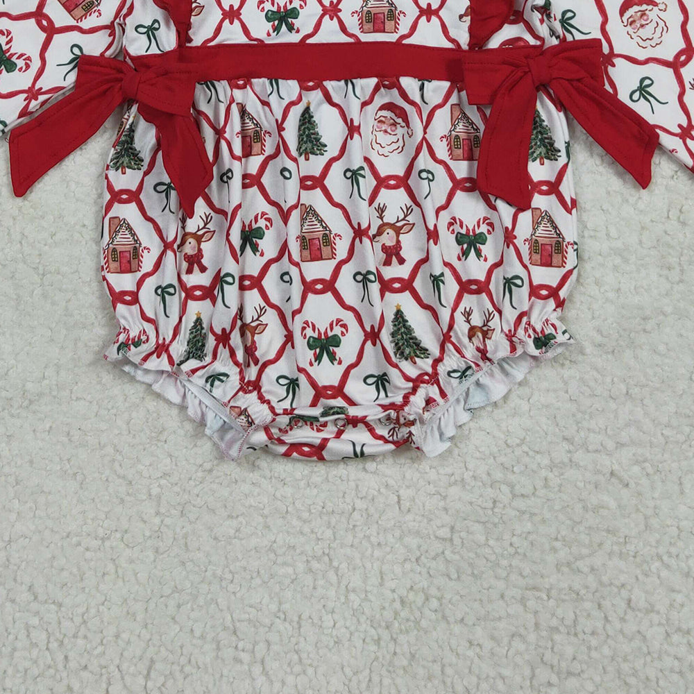 RTS NO MOQ （In stock）LR2352 Baby Girls Winter Rompers Baby Girls Christmas Trees Bows Ruffle Rompers