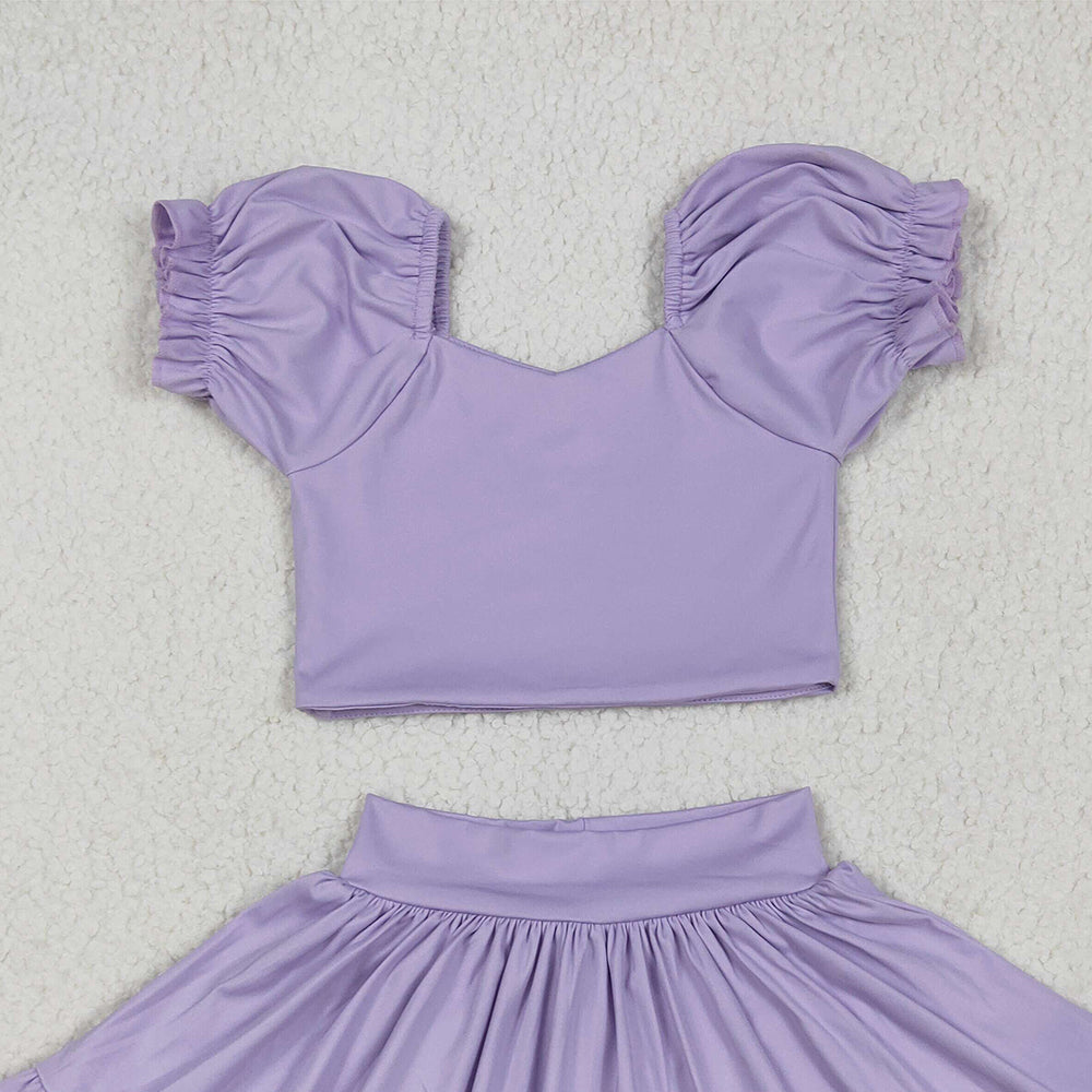 6.20 GSD2099RTS NO MOQ Baby Girls Yoga Outfits Baby Girls Lavender Short Ruffle Sleeves Top Skirt Yoga Set
