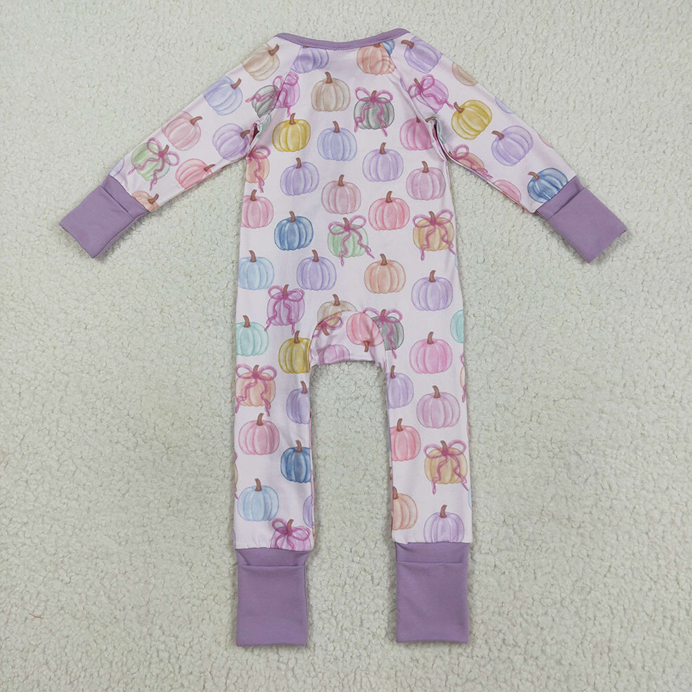 8.21 RTS NO MOQ （In stock）LR2442 Baby Girls Winter Rompers Baby Girls Colorful Bows Pumpkins Fall Zipper Footie Rompers