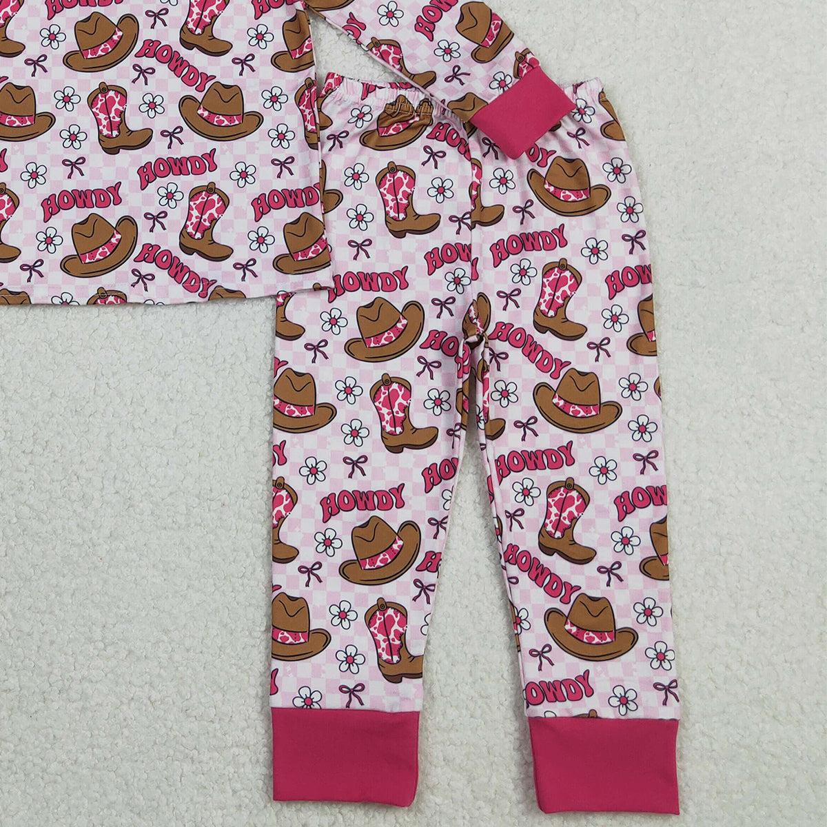 11.3 RTS NO MOQ （In stock）GLP2664 Baby Girls Pink Checked Flowers Howdy Top Pant Western Pajamas Sets