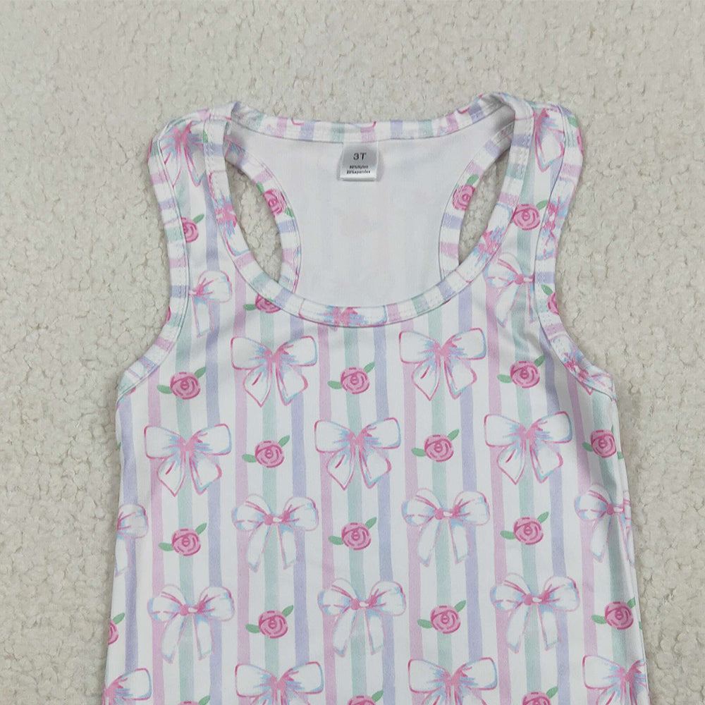 RTS NO MOQ （In stock）GT1014 Baby Girls Summer Yoga Tops Baby Girls Sleeveless Lavender Bows Flowers Stripe Yoga Shirts Tops