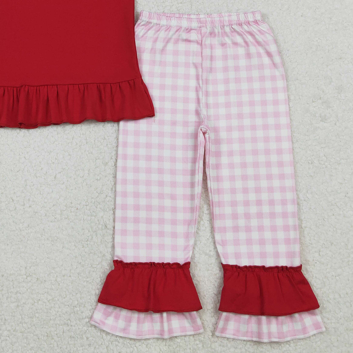 10.27 RTS NO MOQ （In stock）GSPO2071 Embroidery I Love Mom Baby Girls Shirts Checked Ruffle Pants Clothes Sets