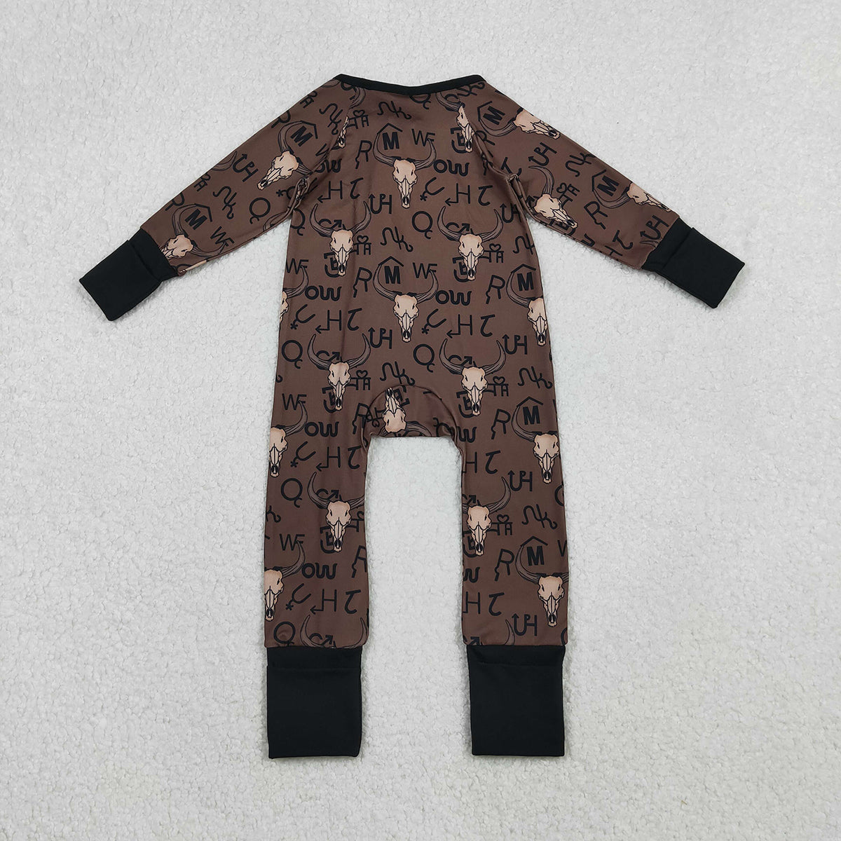 11.8 RTS NO MOQ （In stock）LR2591 Baby Boys Winter Rompers Baby Boys Brown Bull Skulls Western Two Way Zipper Convertible Rompers