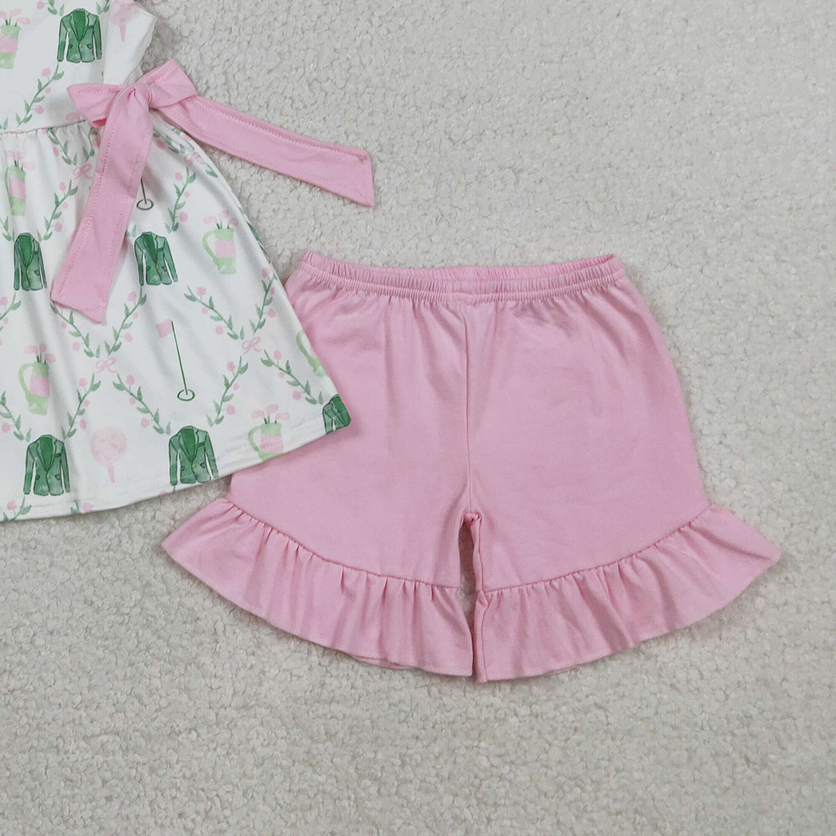 1.23 RTS NO MOQ （In stock）GSSO3063 Baby Girls Flowers Golf Checked Bows Tunic Ruffle Shorts Clothes Sets