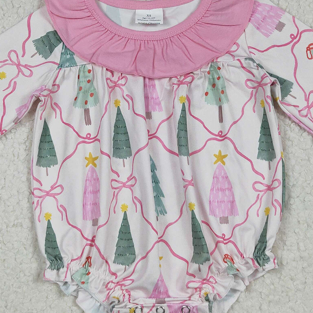 LR2275 RTS NO MOQ Baby Girls Winter Rompers Baby Girls Long Sleeves Pink Bows Trees Plaid Ruffle Rompers