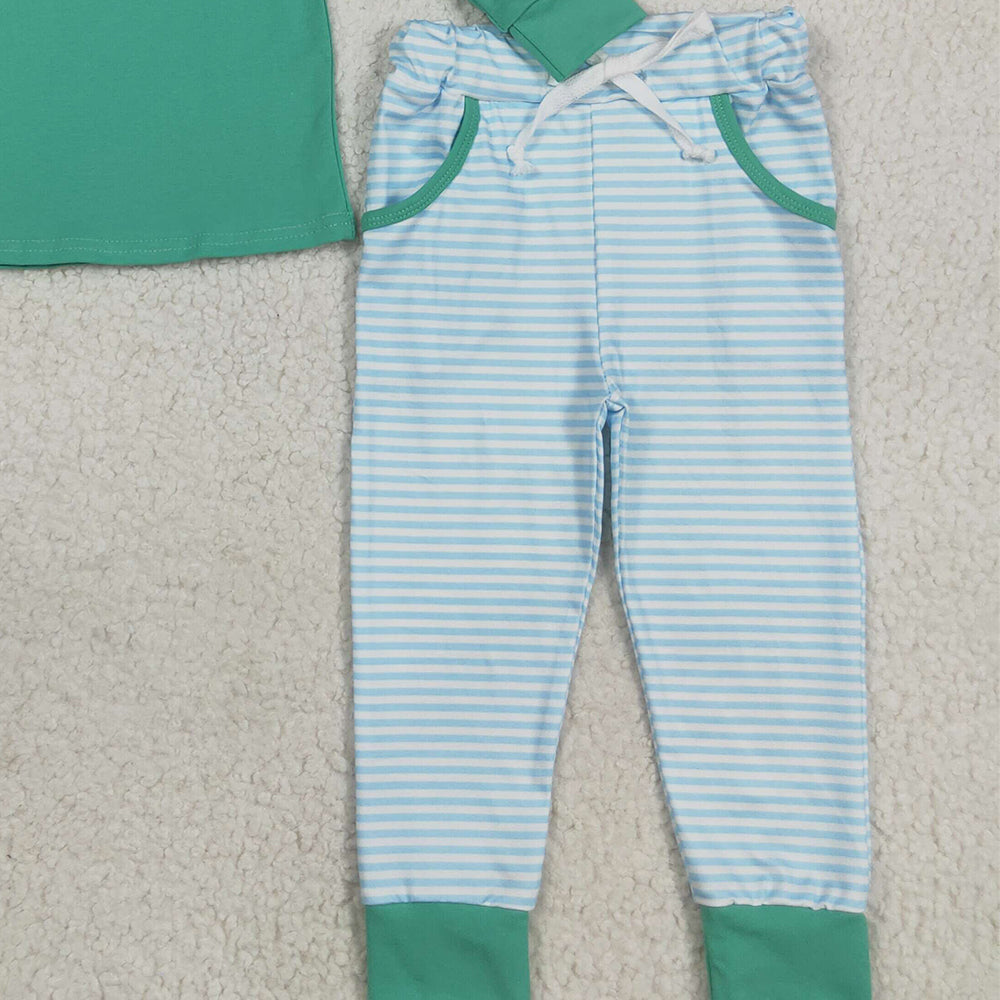 RTS NO MOQ （In stock）BLP1168 Baby Boys Winter Outfits Embroidery Santa Baby Boys Green Top Stripe Pockets Legging Christmas Set