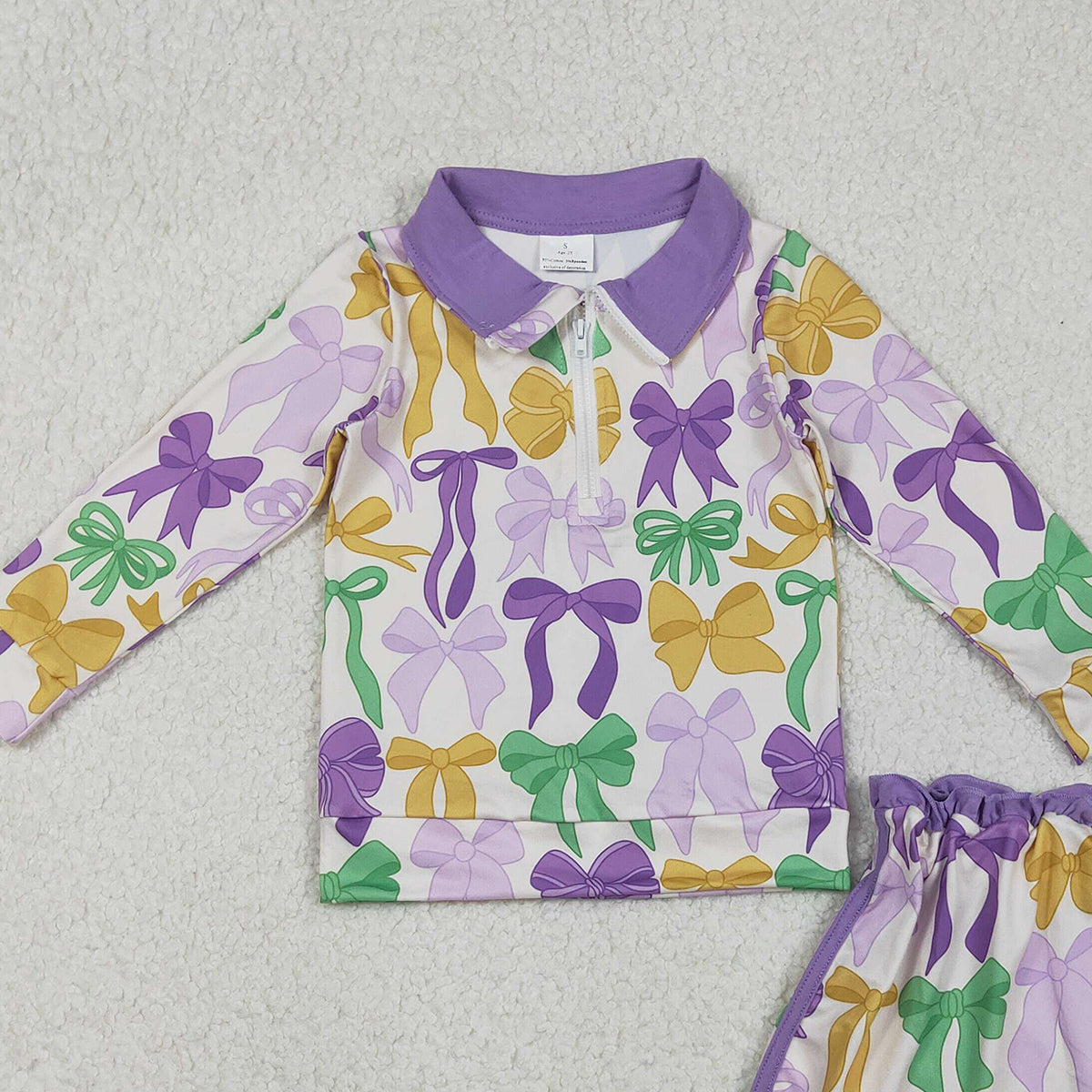 11.12 RTS NO MOQ （In stock）GLD1333 Baby Girls Mardigras Bows Zipper Pullover Skirt Shorts Clothes Sets