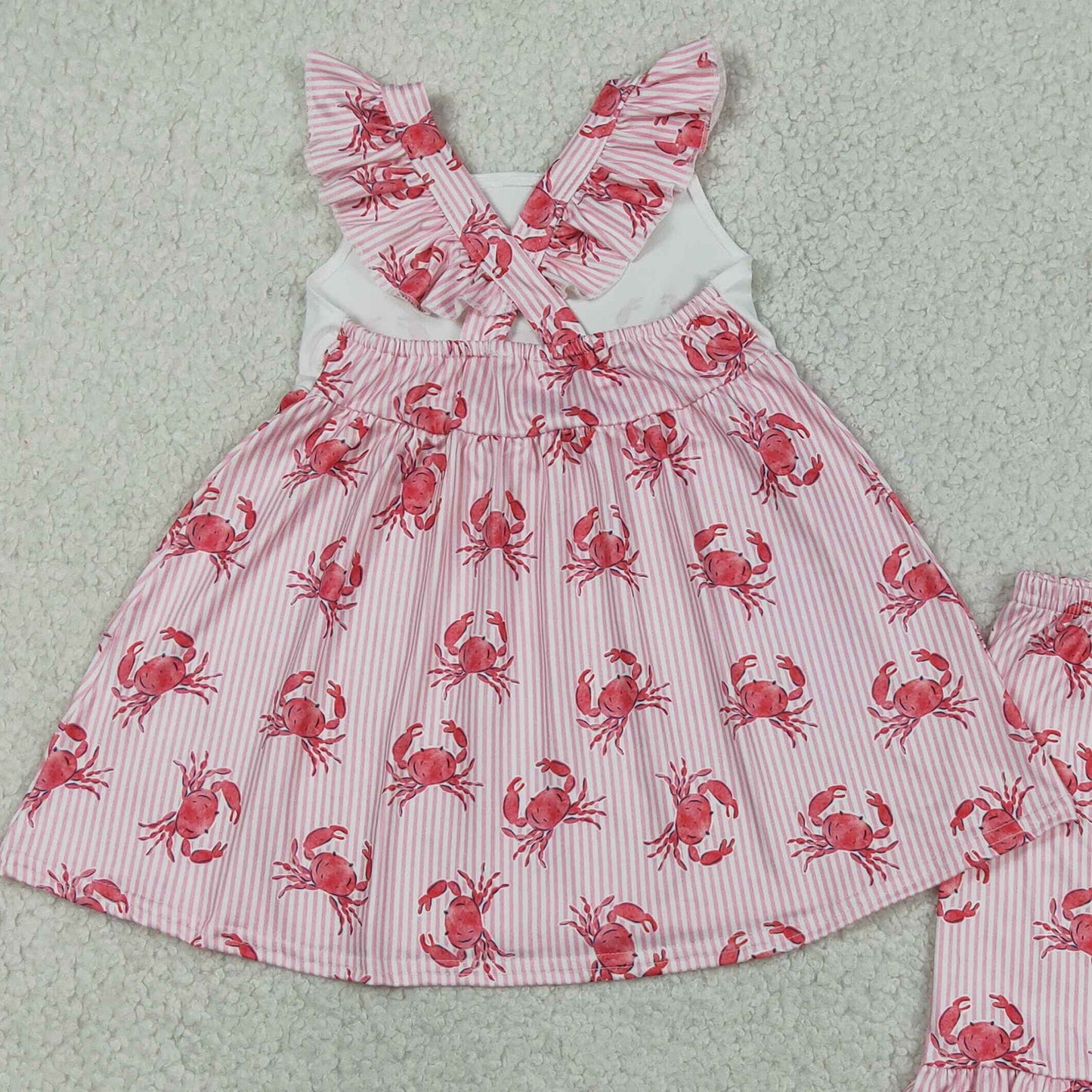 GSSO3066 RTS NO MOQ （In stock ）Flutter sleeves stripe crab tunic shorts girls outfits