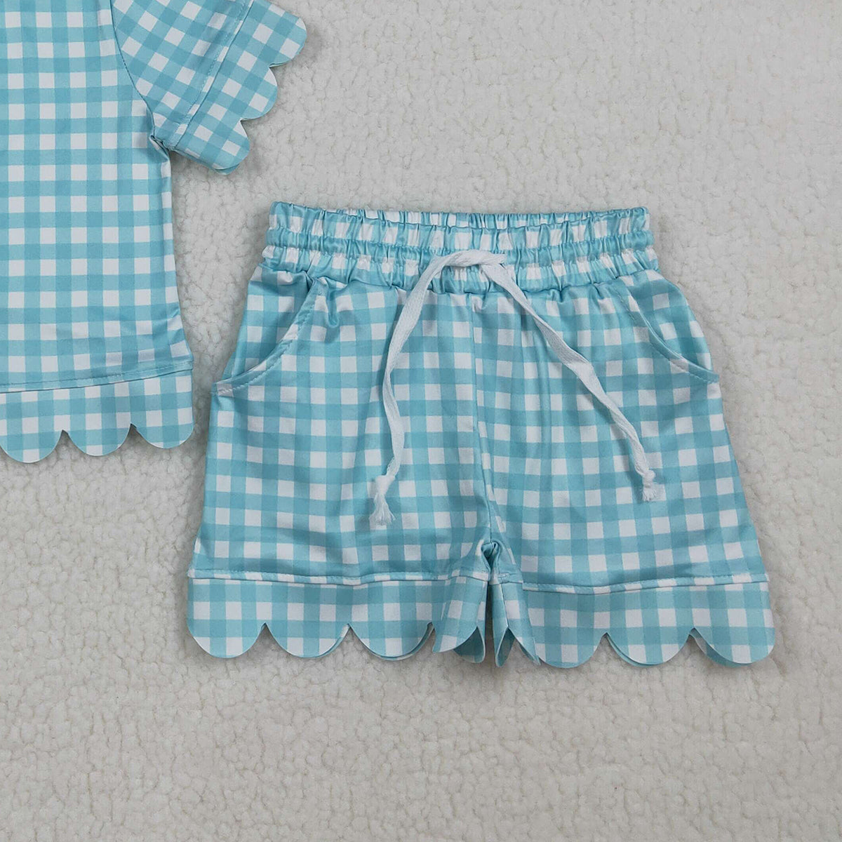 3.25 RTS NO MOQ （In stock）GSSO3190 Kids Clothing for Baby Girls Short Sleeve Blue Checked Shirts Top Scallop Shorts Clothes Sets