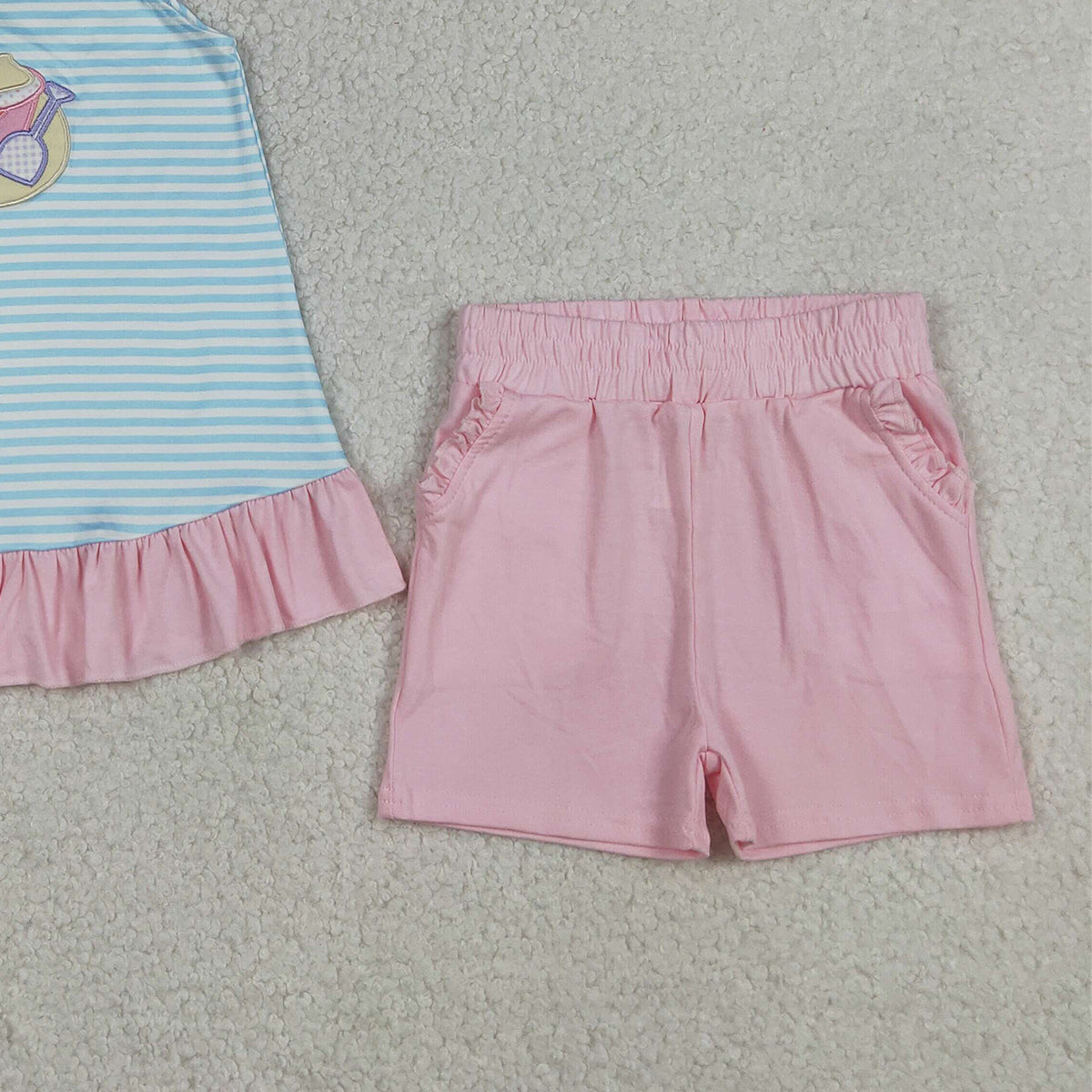 4.7 GSSO3109 RTS NO MOQ （In stock ）Embroidery Beach Baby Girls Blue Stripe Tunic Pockets Shorts Clothes Sets