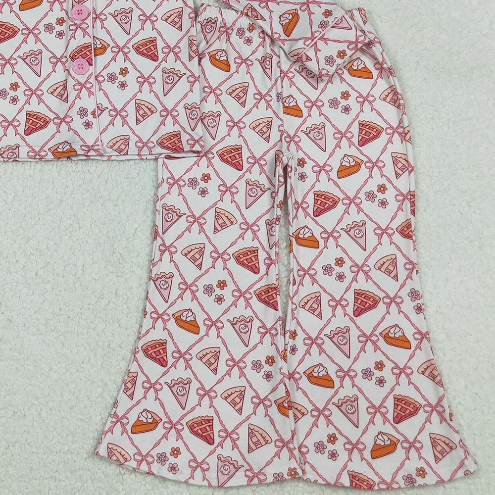 RTS NO MOQ （In stock）GLP2738 Baby Girls Winter Outfits Bows Flowers Pie Checked Button Top Pant Thanksgiving Pajamas Set