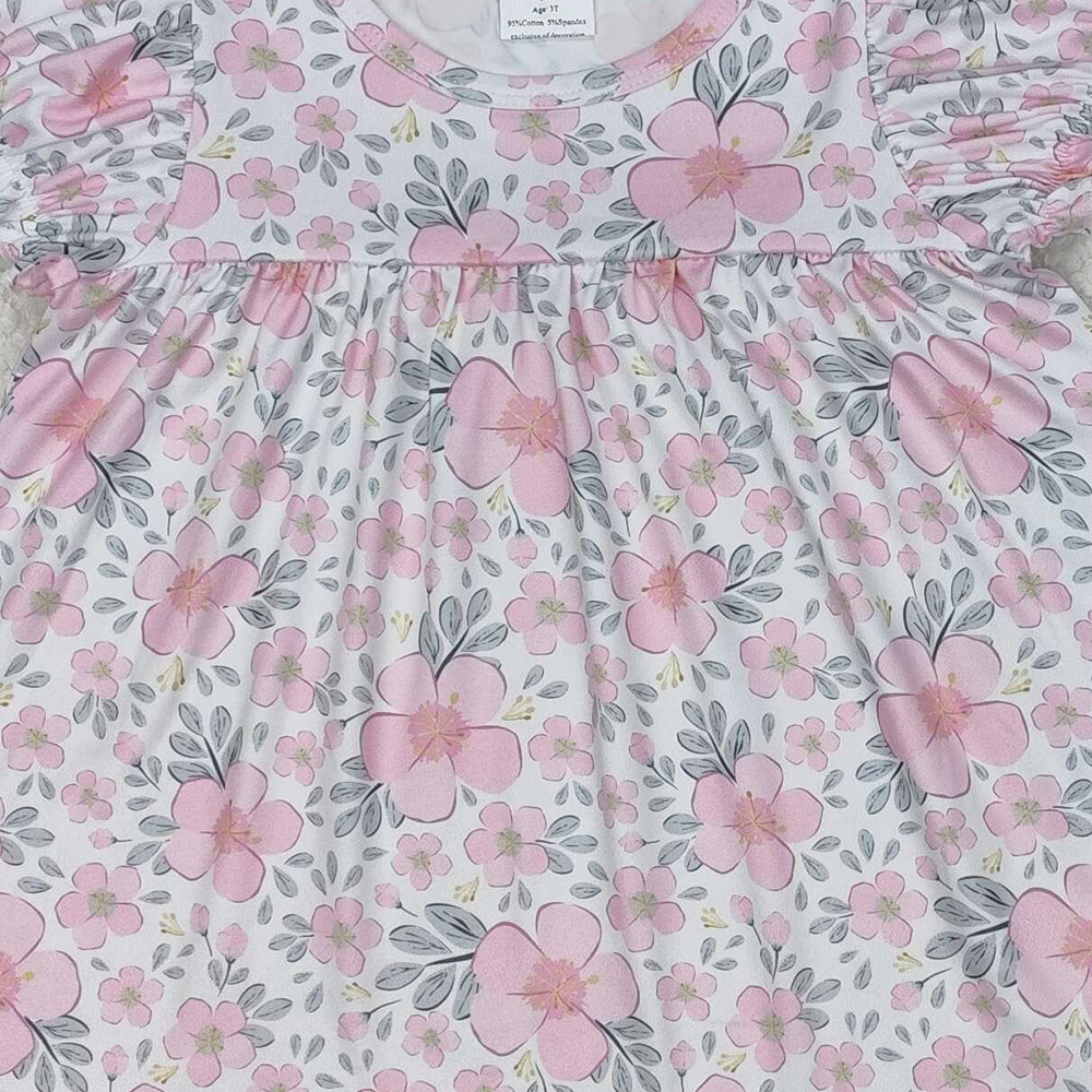 GSSO2194Girls Outfit Short Sleeve Pink Floral Tunic Top with Ruffle Shorts Set Cute Children's Clothing for Ages 5-12