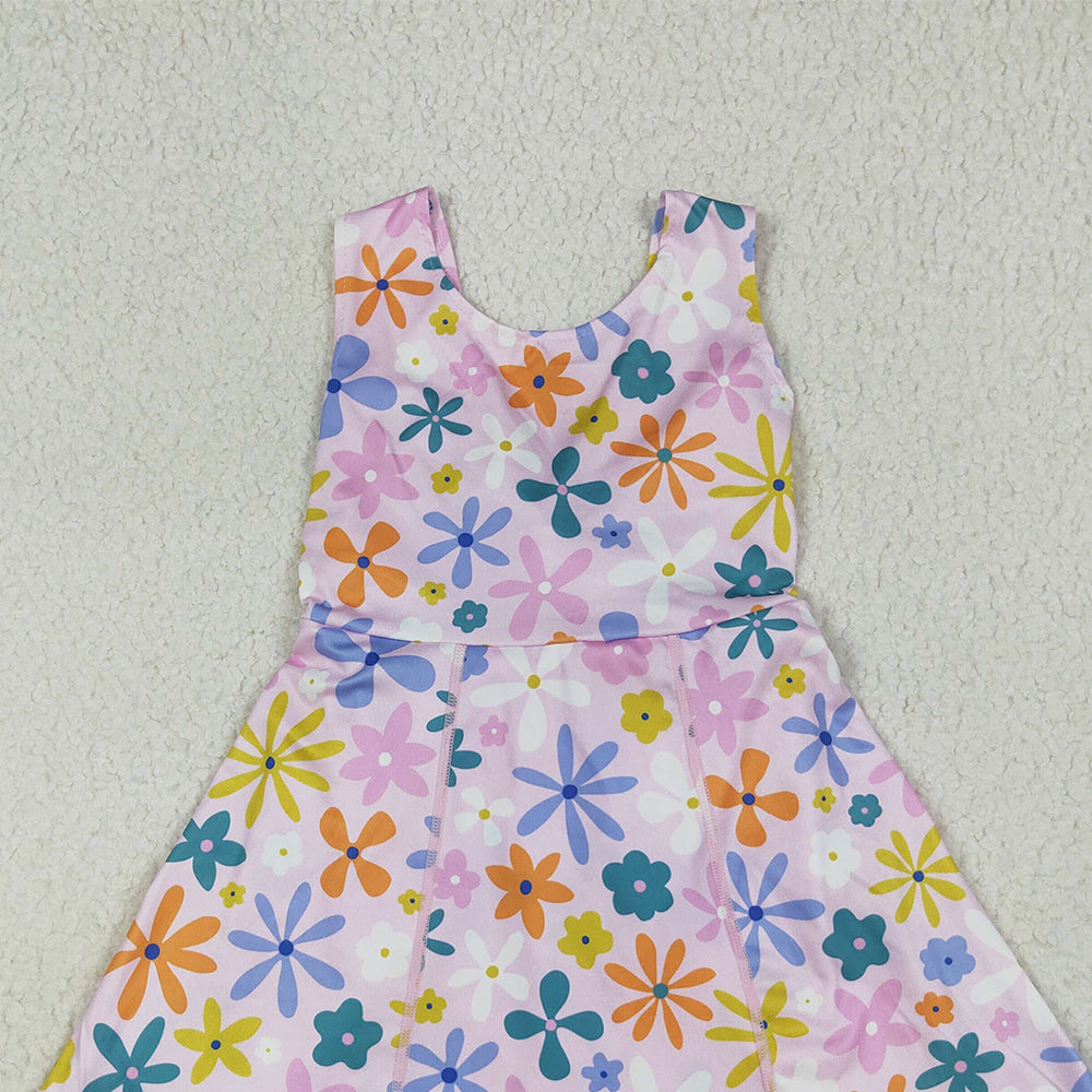 GSD2113 RTS NO MOQ Baby Girls Summer Yoga Dress Baby Girls Pink Colorful Flowers Yoga Active Wear Skort Knee Length Dresses