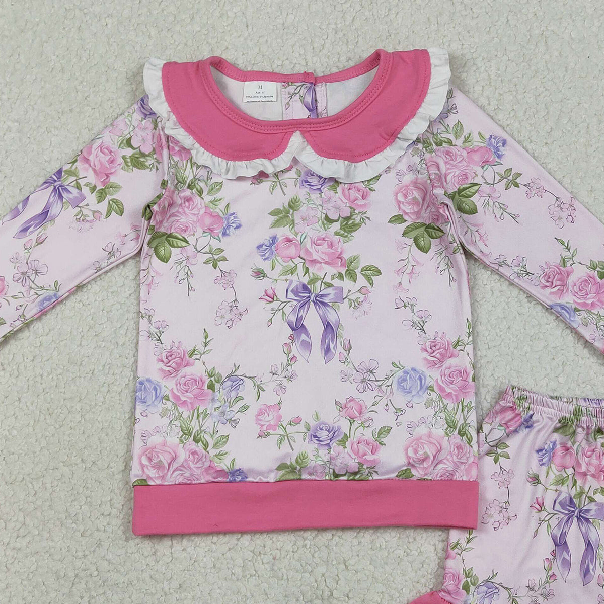 1.20 RTS NO MOQ （In stock）GLS0082 Baby Girls Pink Flowers Collar Top Ruffle Shorts Clothes Sets
