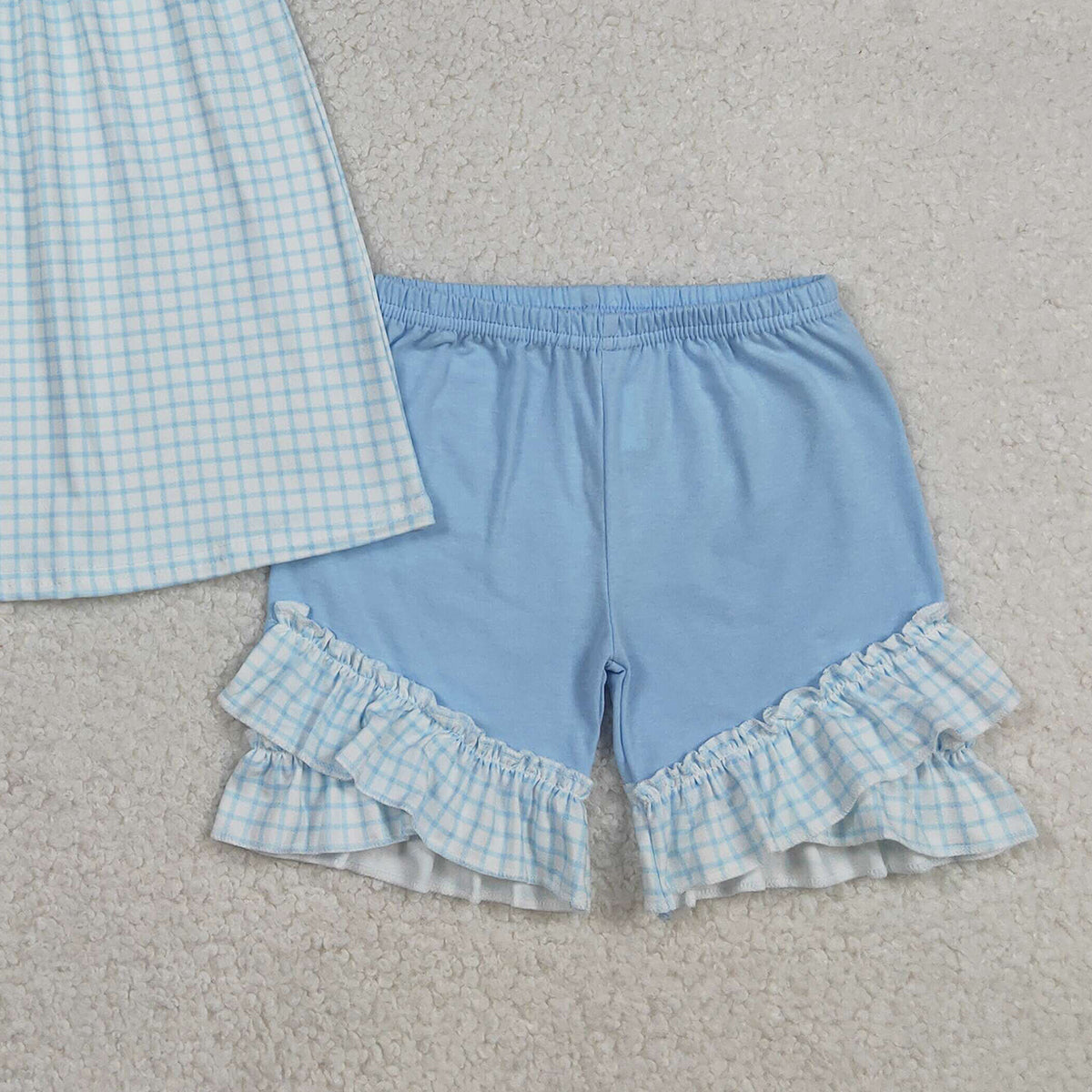 12.9 RTS NO MOQ （In stock）GSSO2718 Embroidery Crosses Baby Girls Blue Checked Tunic Ruffle Shorts Easter Clothes Sets