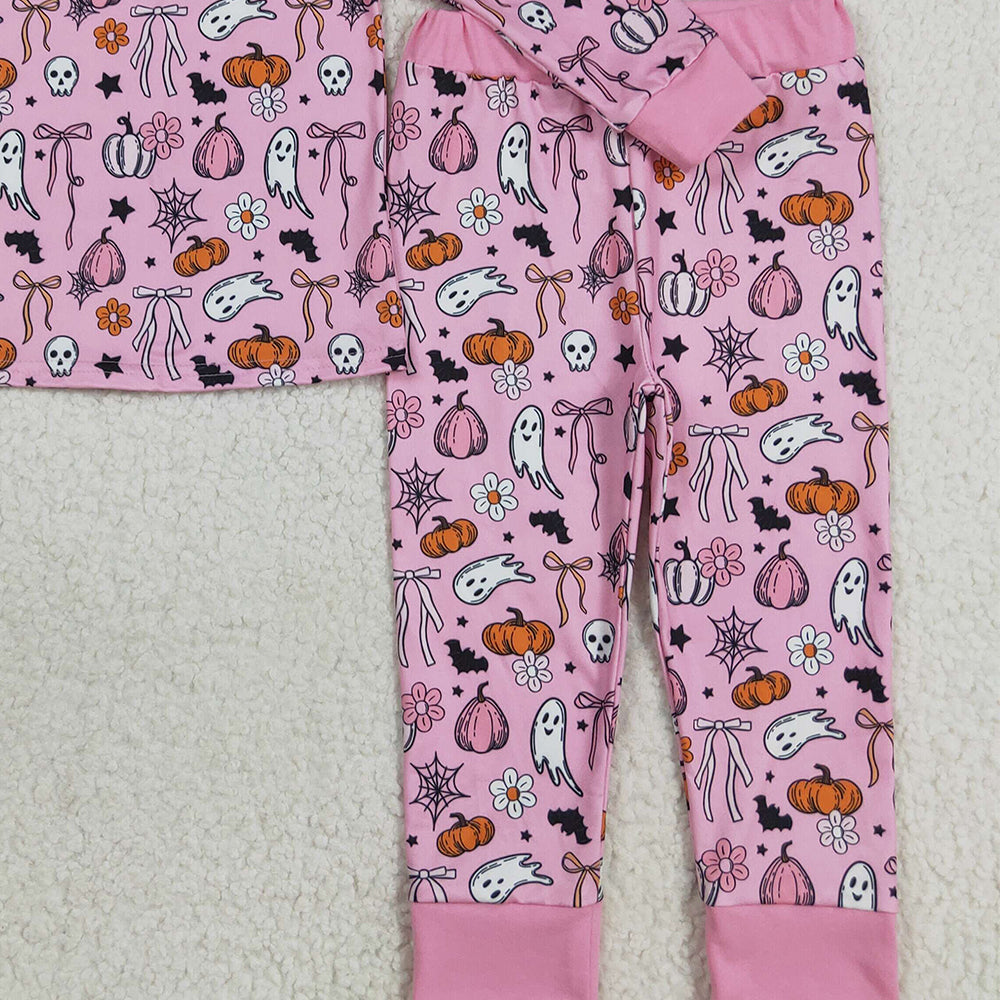 8.22 RTS NO MOQ （In stock）GLP2567 Baby Girls Winter Outfits Baby Girls Halloween Pink Ghost Pumpkins Top Pant Pajamas Sets