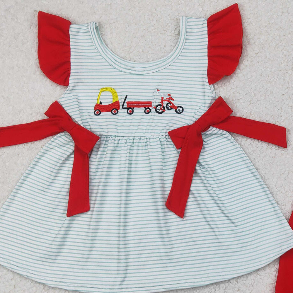 5.17  GSSO2404 RTS NO MOQ Baby Girls Summer Outfits Embroidery Baby Girls Red Flutter Sleeves Trucks Bows Tunic Red Ruffle Short Set