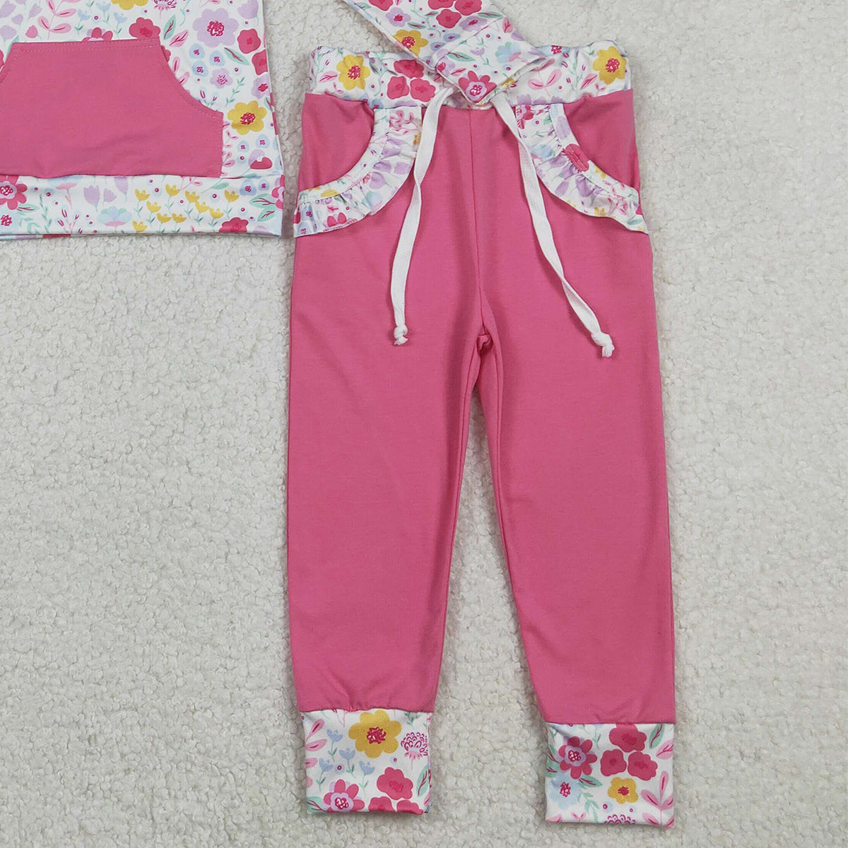 12.29 RTS NO MOQ （In stock）GLP3277 Baby Girls Colorful Flowers Zip Pocket Pullovers Jogger Pants Clothes Sets