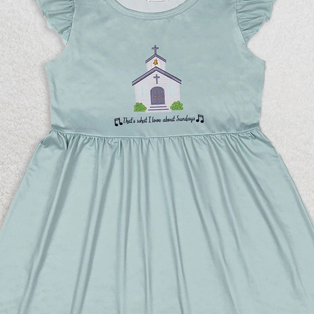 GSD1156 RTS NO MOQ Baby Girls Summer Dress Church letter blue green flying sleeve dress