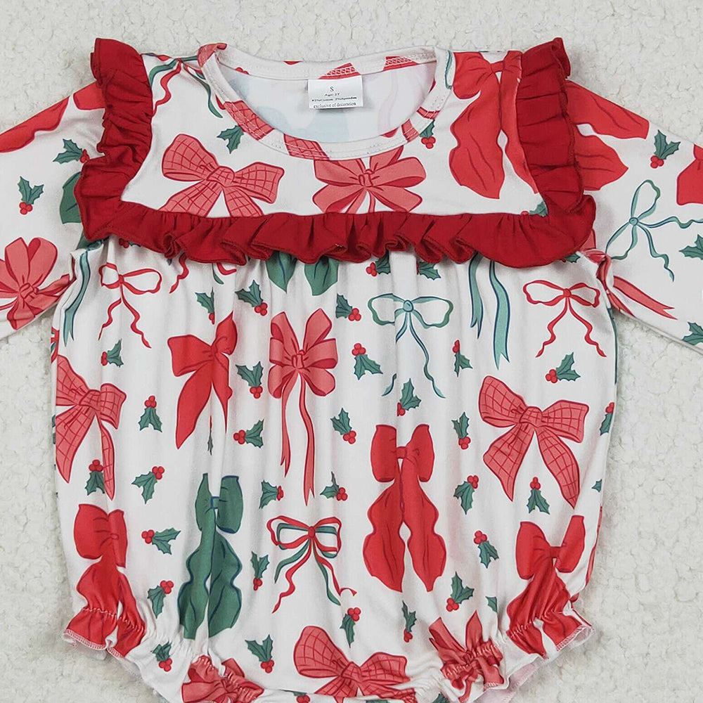 8.14 LR2209RTS NO MOQ Baby Girls Winter Rompers Baby Girls Long Sleeves Red Green Bows Ruffle Rompers
