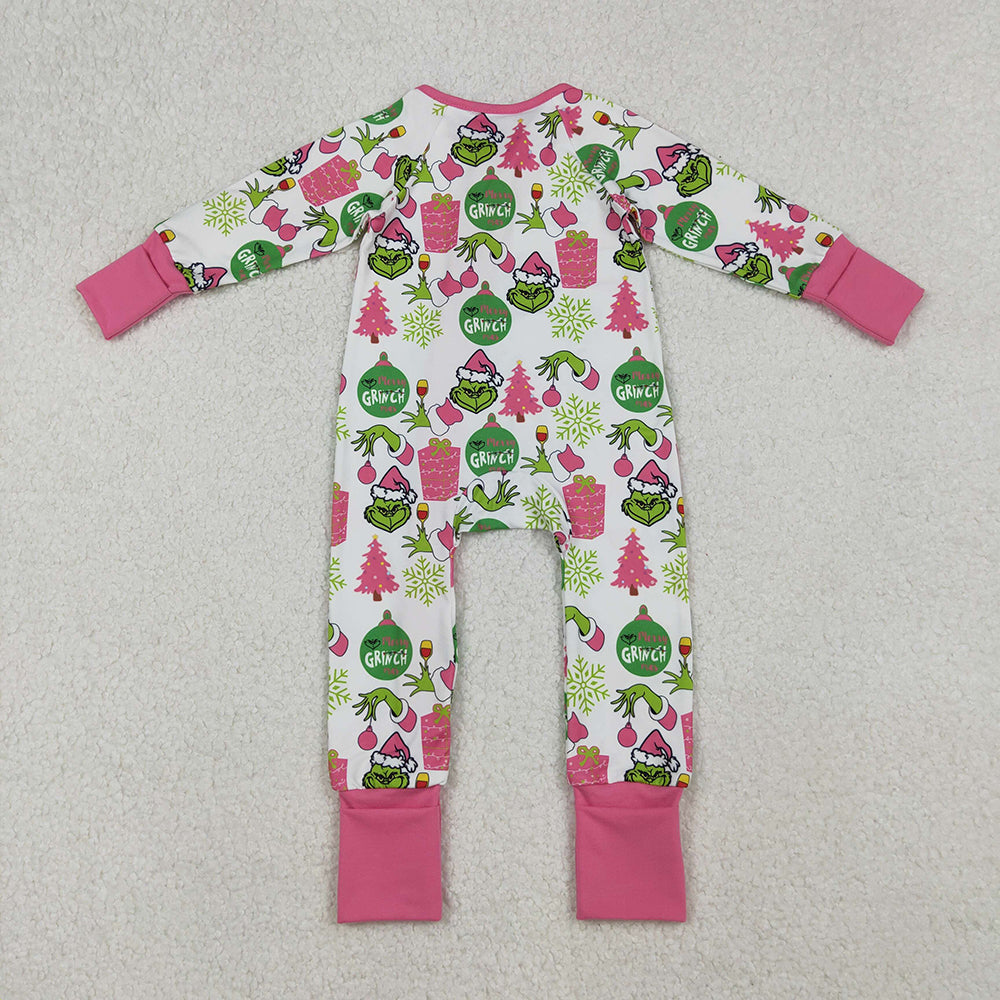 RTS NO MOQ （In stock）LR2588 Baby Girls Winter Rompers Green Face Gifts Christmas Zipper Footie Rompers