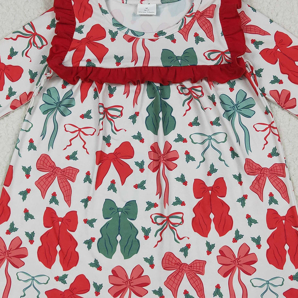GLD1046 RTS NO MOQ Baby Girls Winter Dress Baby Girls Long Ruffle Sleeves Red Green Bows Knee Length Dresses