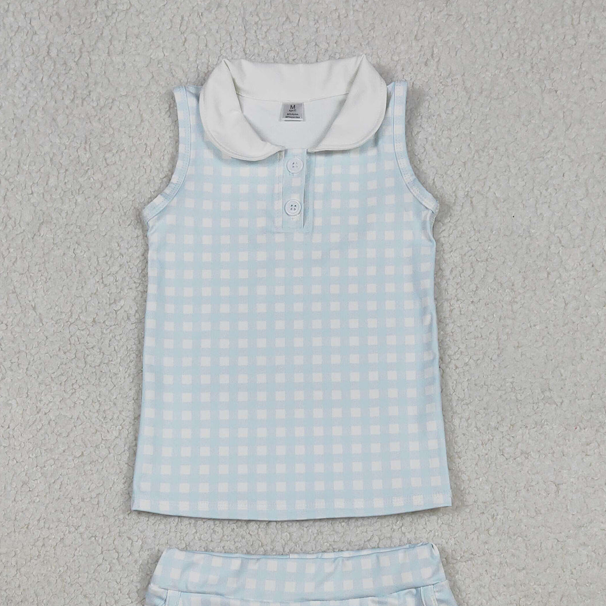 1.17 RTS NO MOQ （In stock）GSD3375 Baby Girls Light Blue Checked Button Collar Top Skirt Shorts Yoga Active Clothes Sets