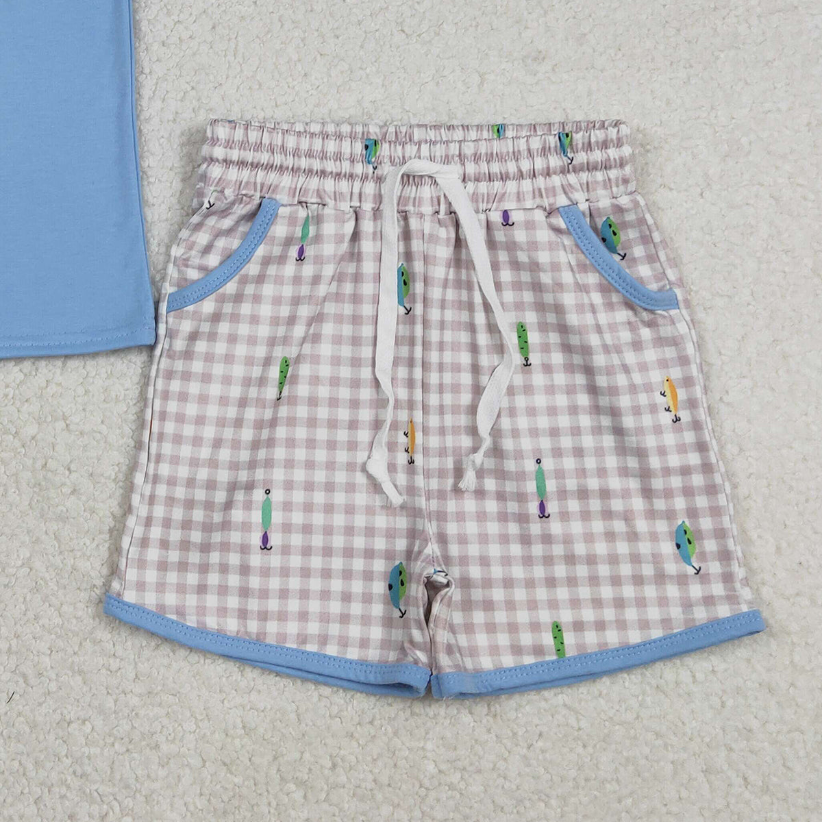 12.16 RTS NO MOQ （In stock）BSSO1617 Embroidery Fishing Baby Boys Top Checked Pockets Shorts Hunting Clothes Sets