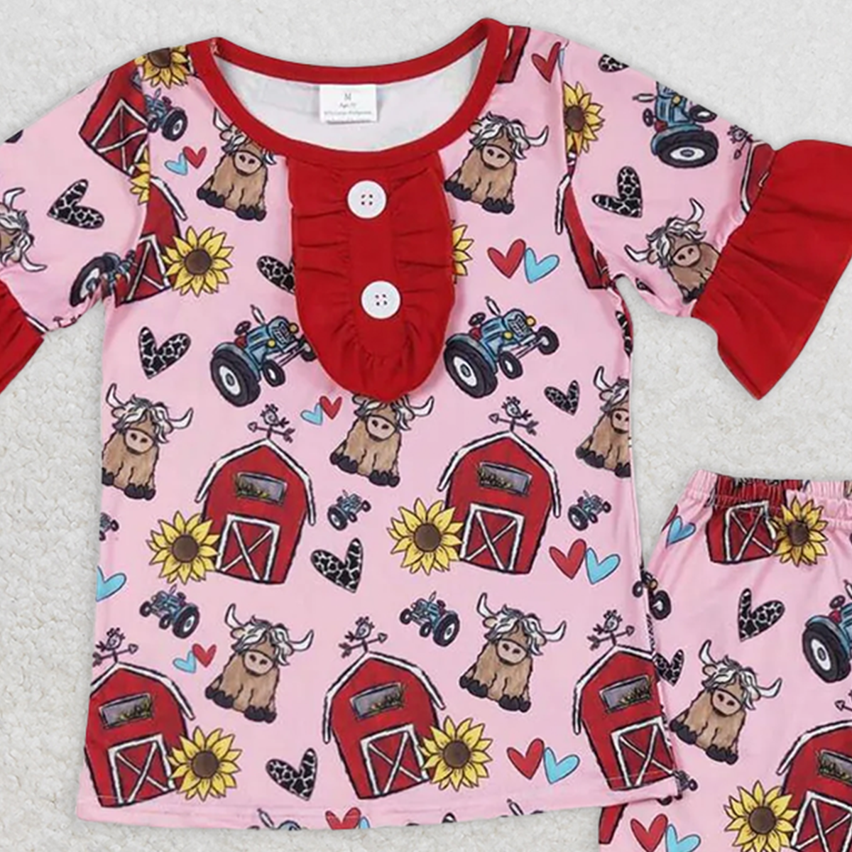 GSSO0932 RTS NO MOQ Baby Girls Pajamas Outfits Short sleeves cows sunflower farm girls summer pajamas