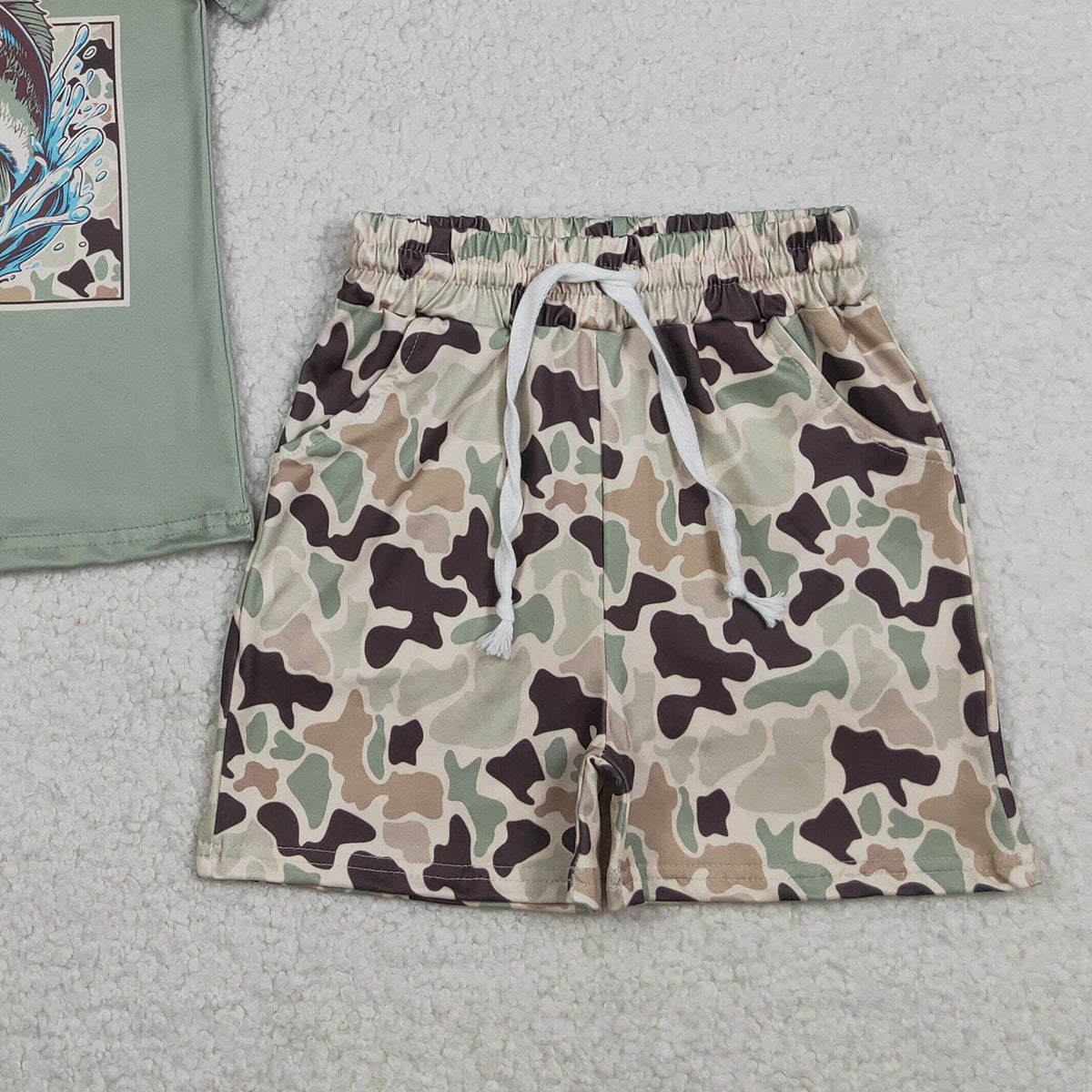 3.30 RTS NO MOQ （In stock）BSSO1835 Short sleeves fish camo top shorts kids boys outfits